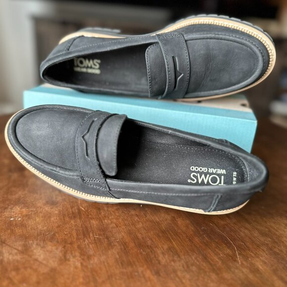 TOMS Women's Black Leather Cara Loafer | US Size 7.5 | Like New - Picture 3 of 8